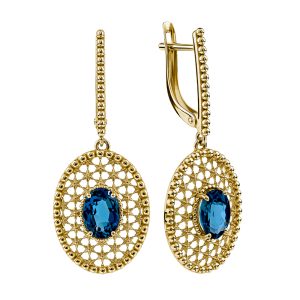 Серьги из жёлтого золота 585 с лондон топазами (облагорож.), ср. вес 5,06г