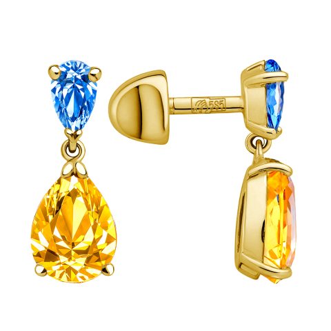 Пусеты из жёлтого золота 585 с цитрином и кристаллами SWAROVSKI
