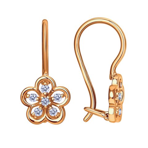 Серьги из красного золота 585 с фианитом, ср. вес 1,32г