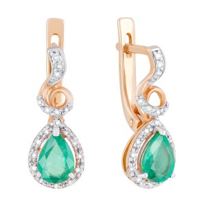Серьги из красного золота 585 с изумрудами, ср. вес 3,32г